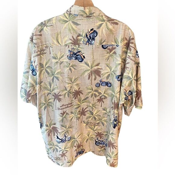 Harley Davidson Tori Richards XL Rare Beige Tropical Motorcycle Palm Print Shirt - Picture 3 of 9